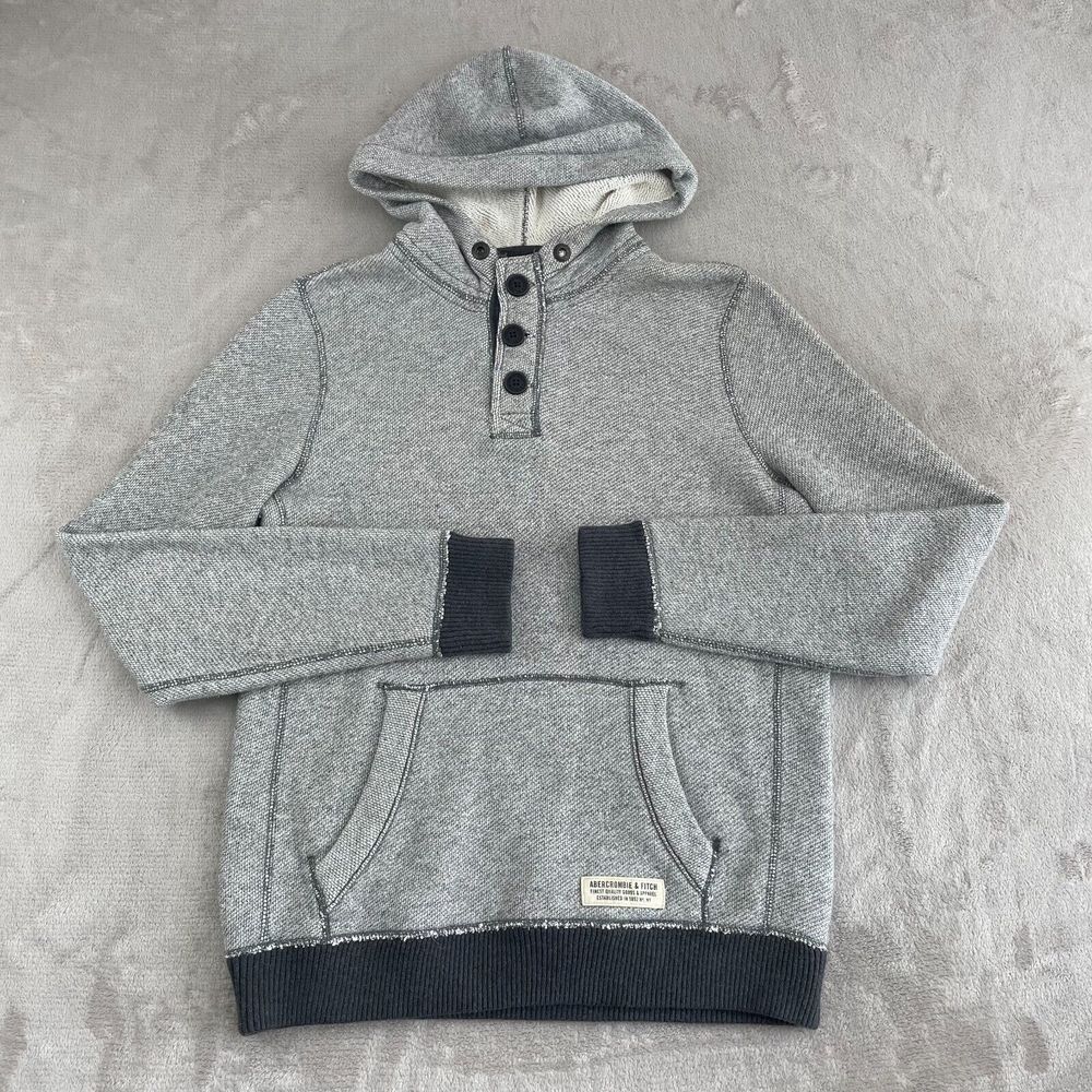 Abercrombie‎ Fitch Henley Hoodie Men Large Heather Grey Pullover Pockets Y2K
